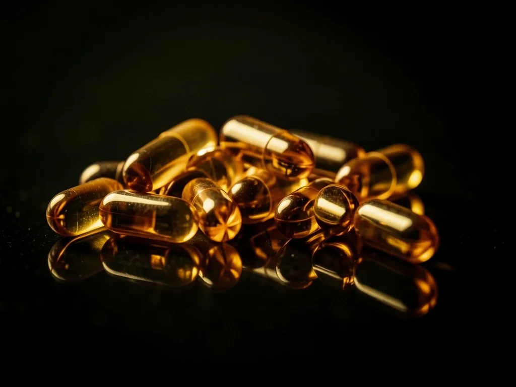 Natural supplement capsules on a dark surface